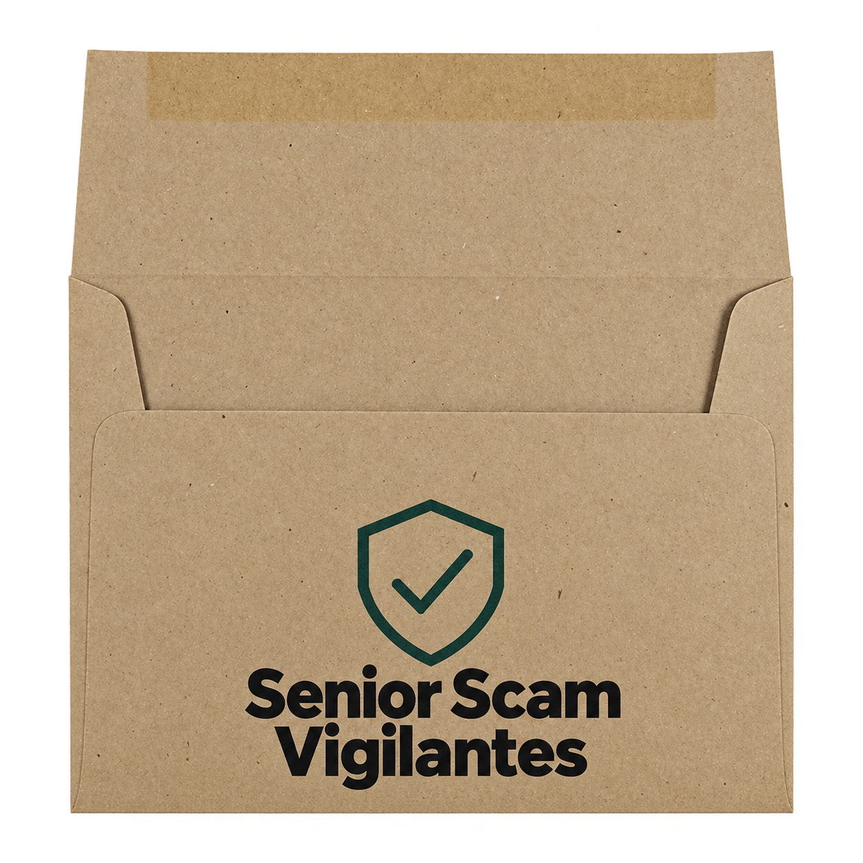 Kraft brown top-flap paper envelope with integrated Senior Scam Vigilantes branding