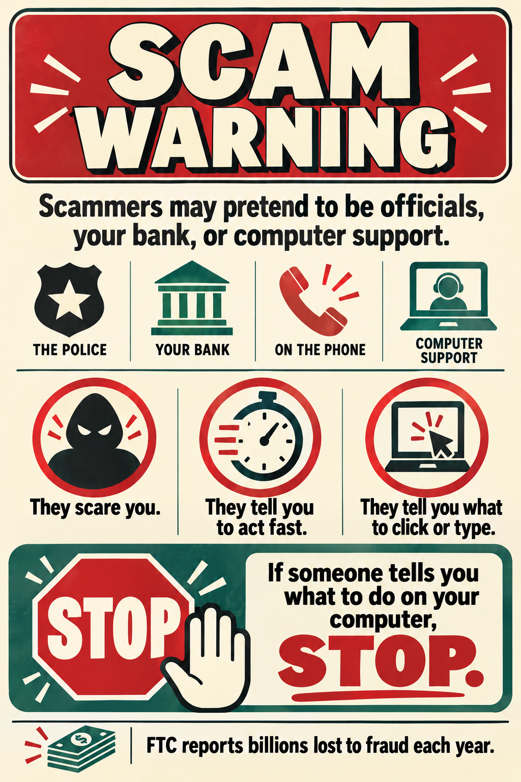 Portrait scam warning reminder card