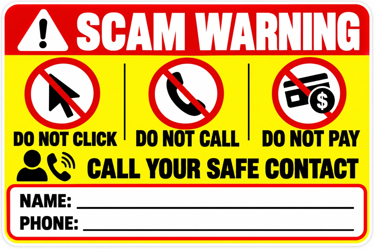 Original yellow SCAM WARNING sticker with do not click, call, or pay reminders